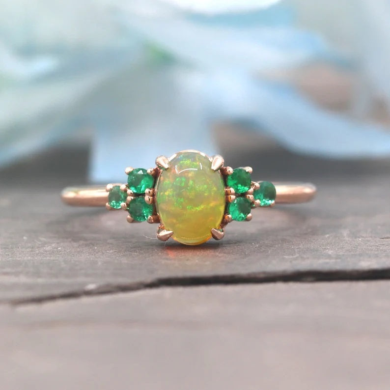 14K OVAL OPAL EMERALD CLUSTER RING