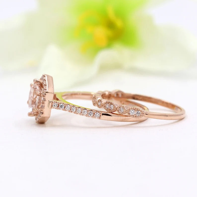 14K MORGANITE DIAMOND HALO HEXAGON RING ART DECO BAND 2 RING SET