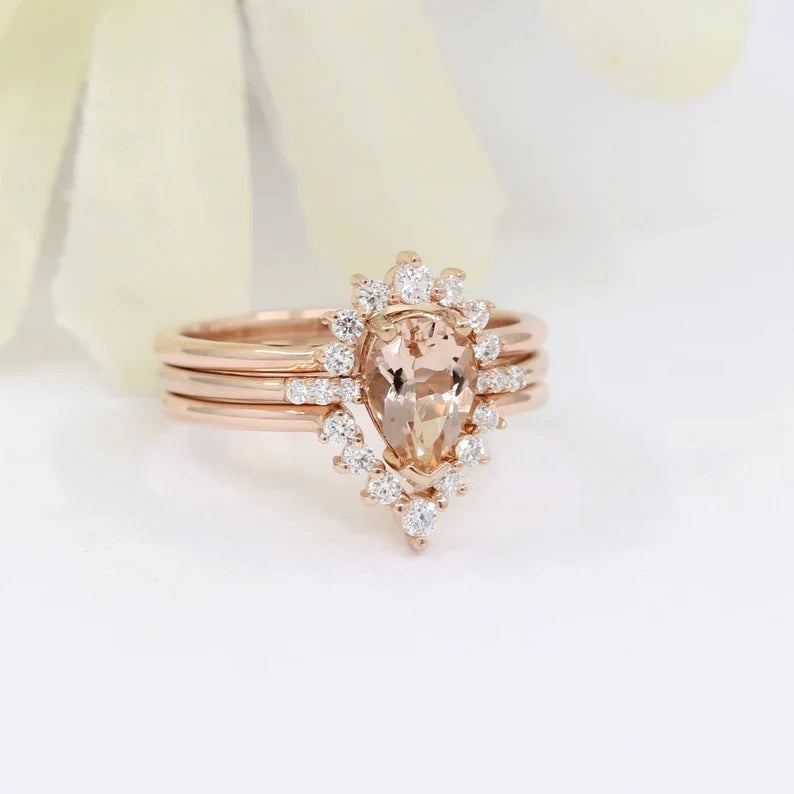 14K PEAR MORGANITE RING DIAMOND BAND 3 RING SET