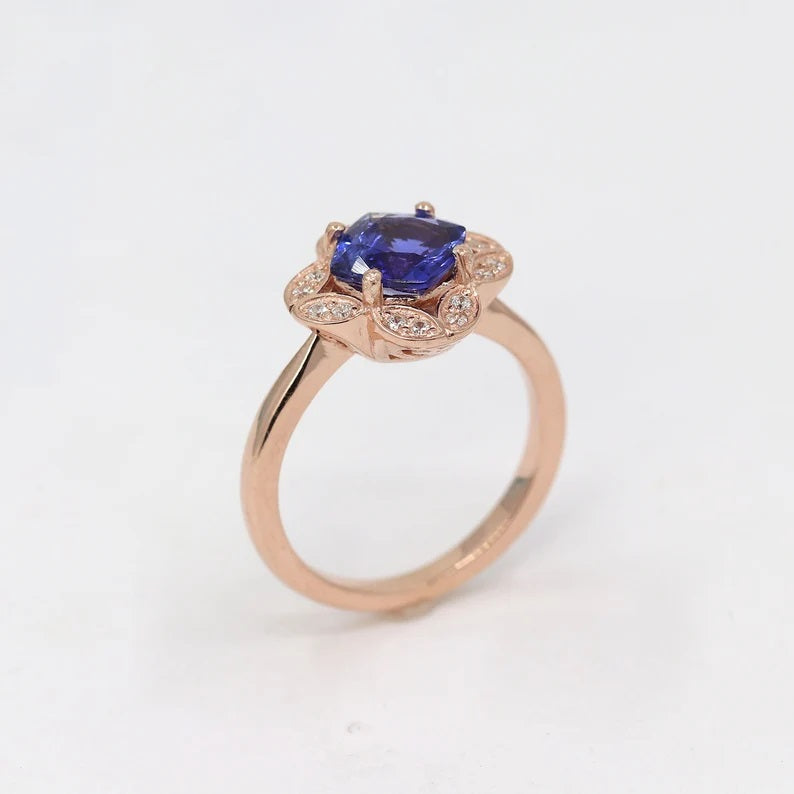 14K CUSHION TANZANITE DIAMOND FLOWER RING