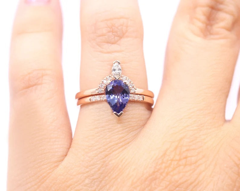 14K PEAR TANZANITE RING MARQUISE DIAMOND CROWN U BAND 2 RING SET