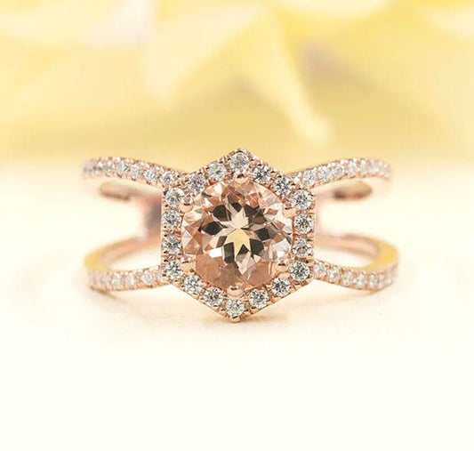 14K MORGANITE DIAMOND HALO HEXAGON DOUBLE BAND RING