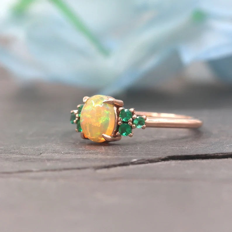 14K OVAL OPAL EMERALD CLUSTER RING