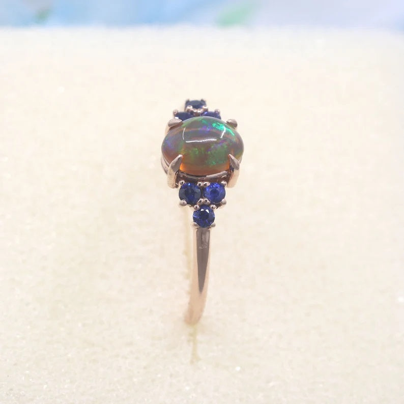 14K OVAL OPAL SAPPHIRE CLUSTER RING