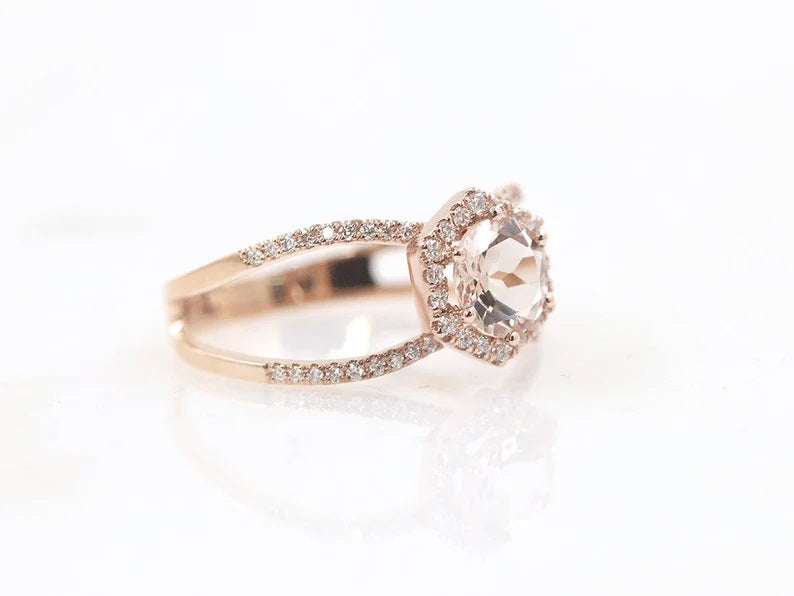 14K MORGANITE DIAMOND HALO HEXAGON DOUBLE BAND RING