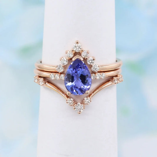 14K PEAR TANZANITE RING DIAMOND V BAND 3 RING SET