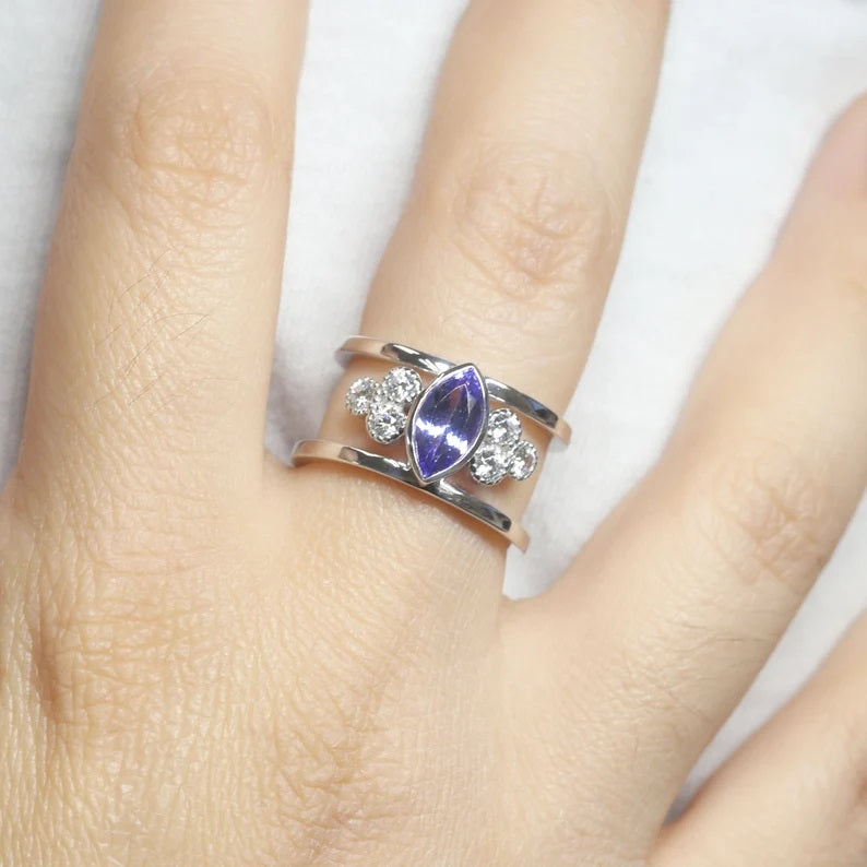 14K MARQUISE TANZANITE DIAMOND CLUSTER GUARD RING