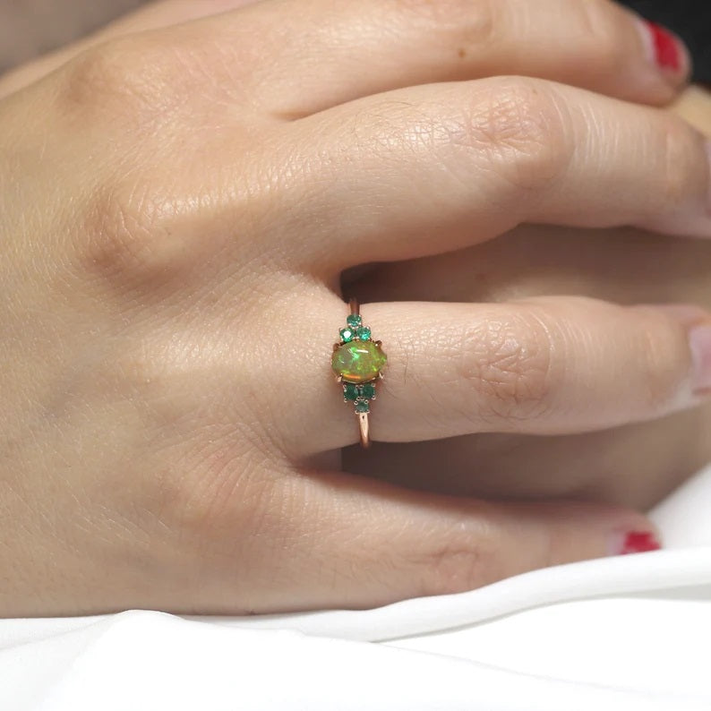 14K OVAL OPAL EMERALD CLUSTER RING