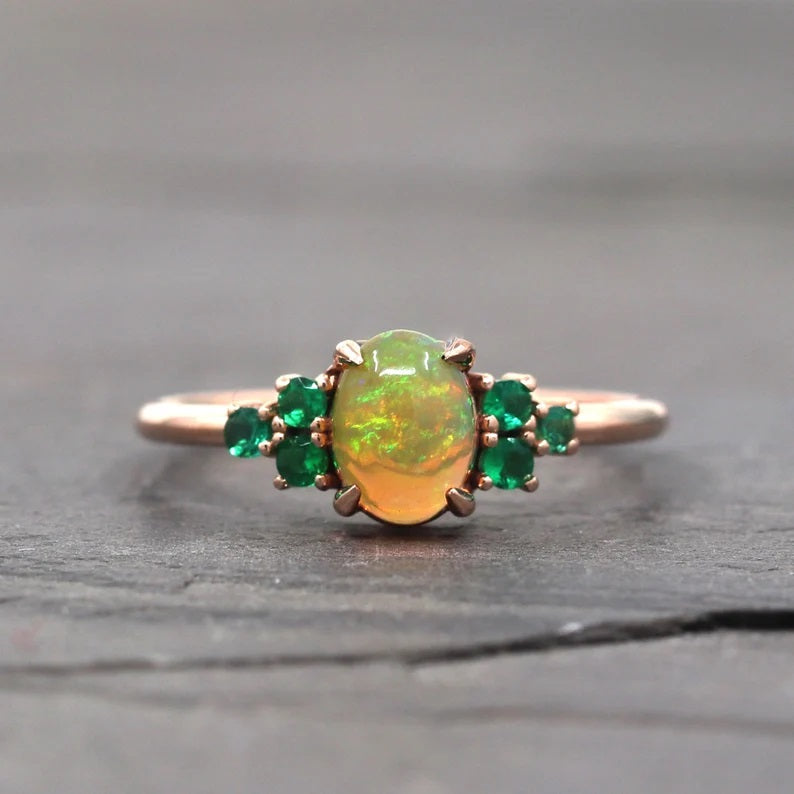 14K OVAL OPAL EMERALD CLUSTER RING