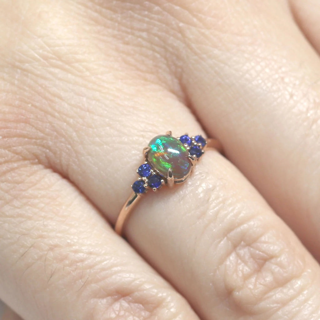 14K OVAL OPAL SAPPHIRE CLUSTER RING