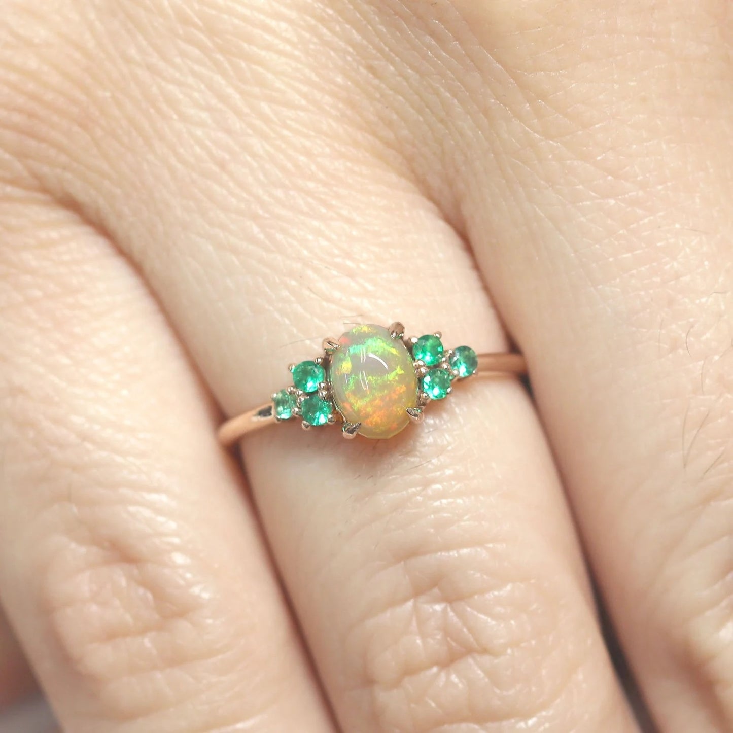 14K OVAL OPAL EMERALD CLUSTER RING