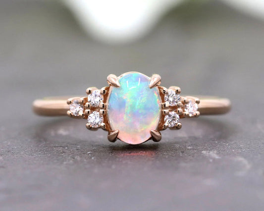 14K OVAL OPAL DIAMOND CLUSTER RING