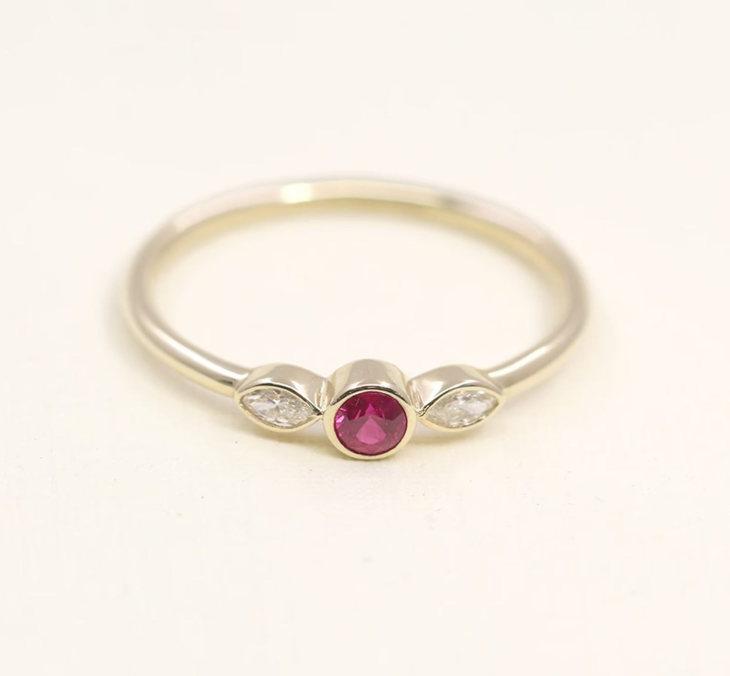 14K RUBY MARQUISE DIAMOND BEZEL RING