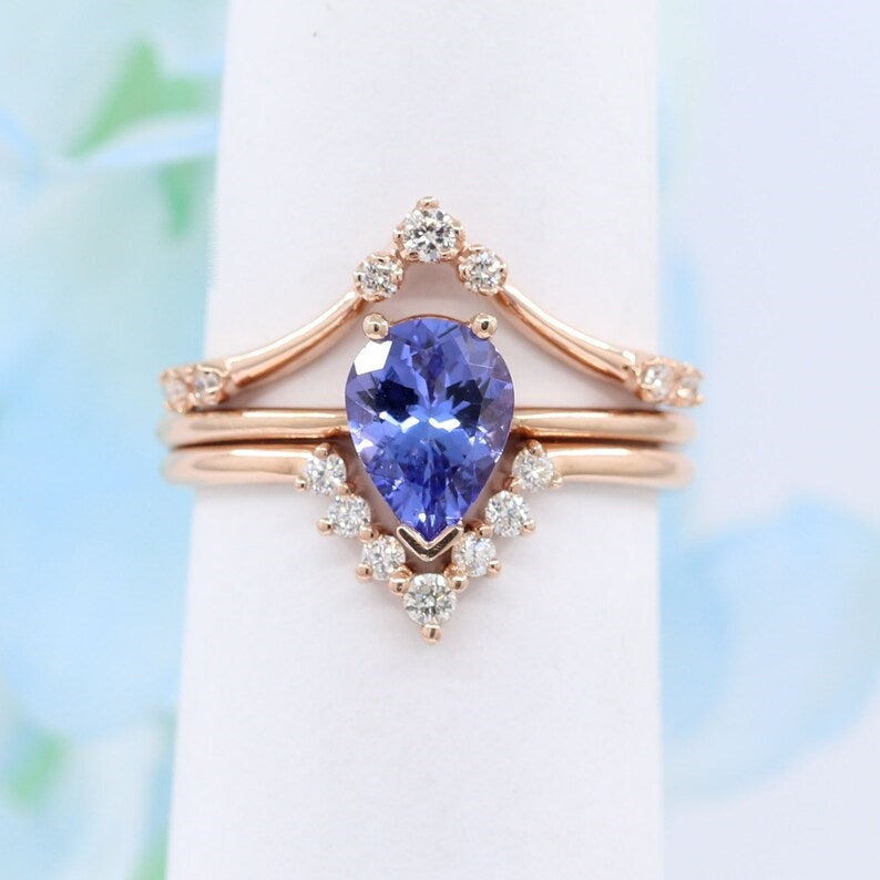 14K PEAR TANZANITE RING DIAMOND V BAND 3 RING SET