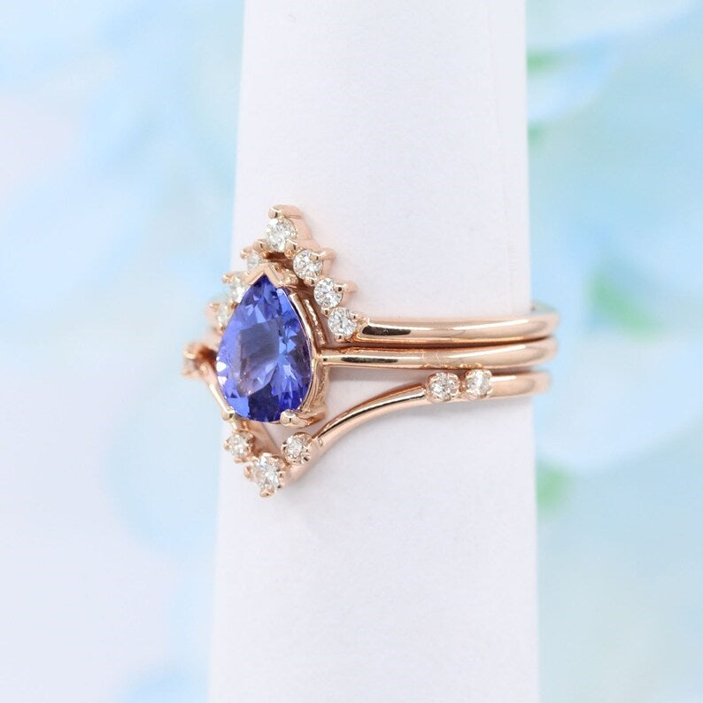 14K PEAR TANZANITE RING DIAMOND V BAND 3 RING SET