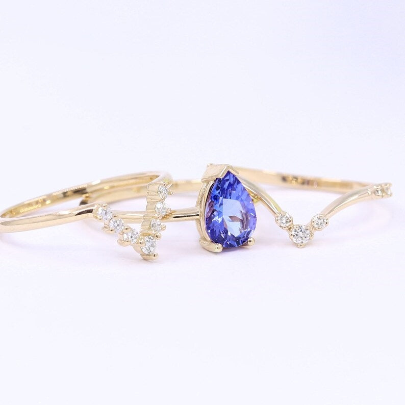 14K PEAR TANZANITE RING DIAMOND V BAND 3 RING SET