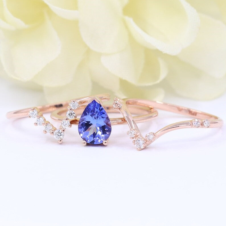 14K PEAR TANZANITE RING DIAMOND V BAND 3 RING SET