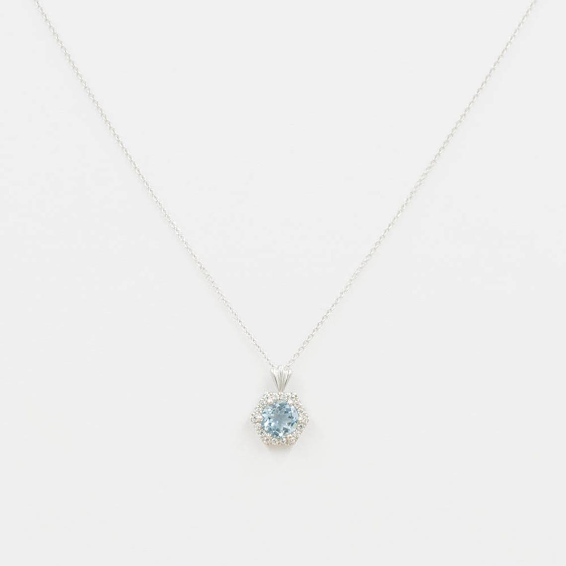 14K AQUAMARINE DIAMOND HALO HEXAGON NECKLACE