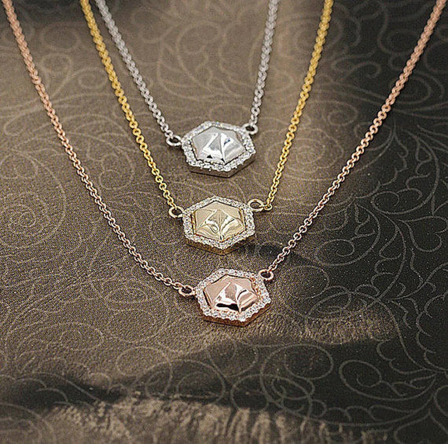 14K SOLID HEXAGON DIAMOND HALO NECKLACE