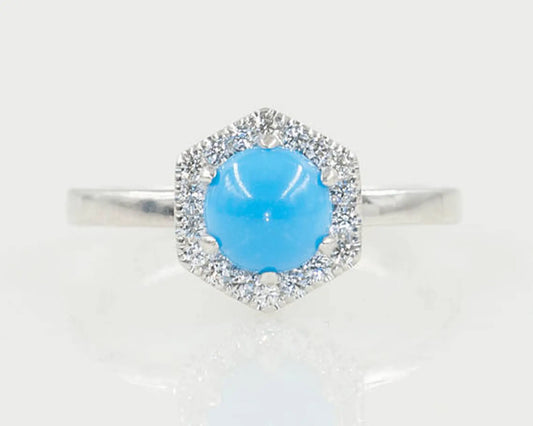 14K TURQUOISE DIAMOND HALO HEXAGON RING