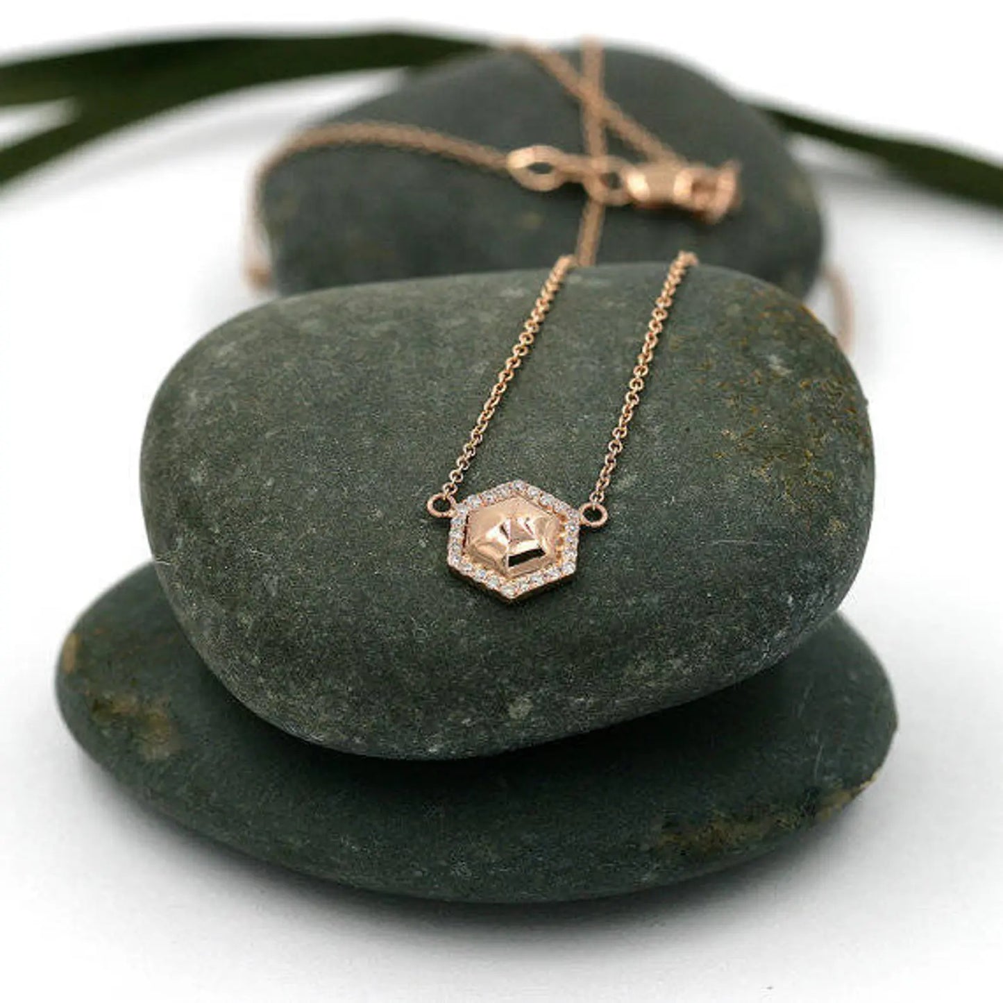 14K SOLID HEXAGON DIAMOND HALO NECKLACE