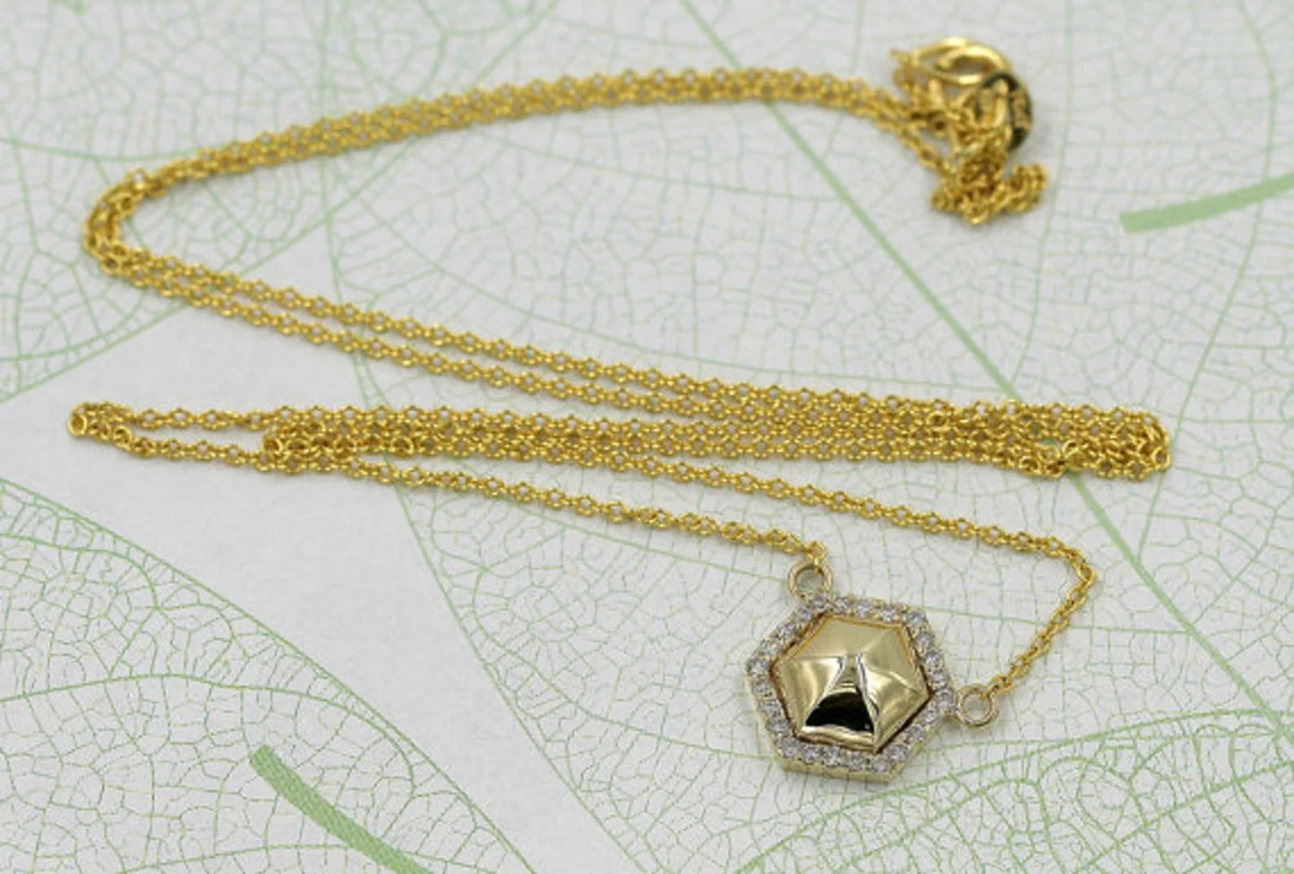 14K SOLID HEXAGON DIAMOND HALO NECKLACE