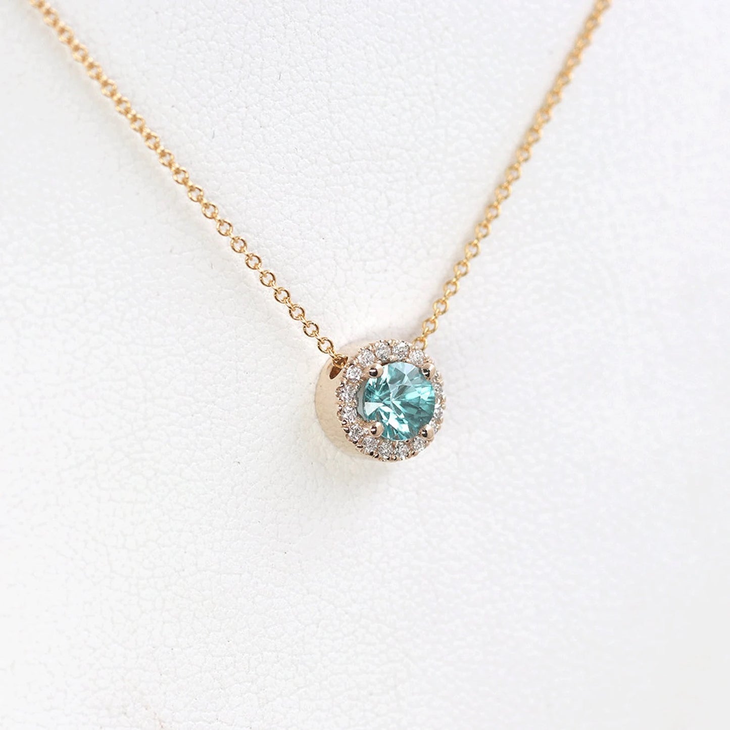 14K BLUE ZIRCON DIAMOND HALO NECKLACE