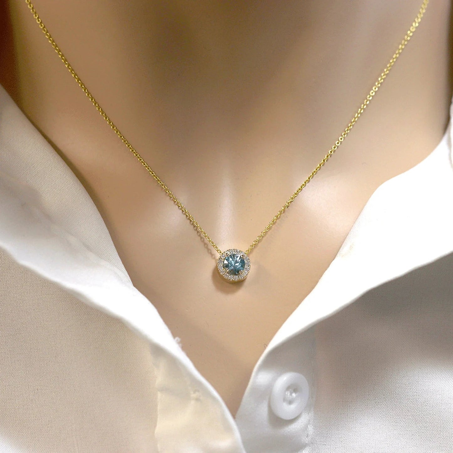 14K BLUE ZIRCON DIAMOND HALO NECKLACE