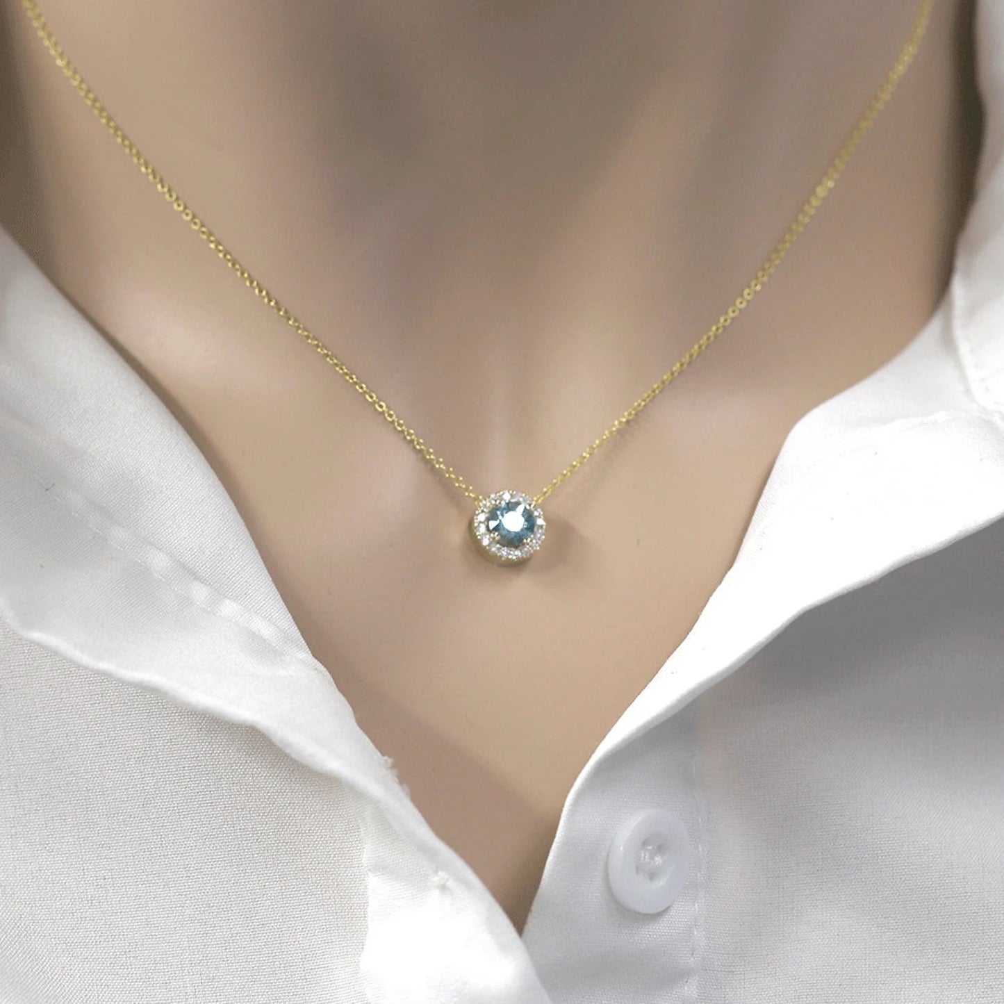 14K BLUE ZIRCON DIAMOND HALO NECKLACE