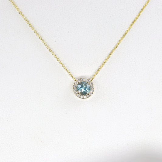 14K BLUE ZIRCON DIAMOND HALO NECKLACE