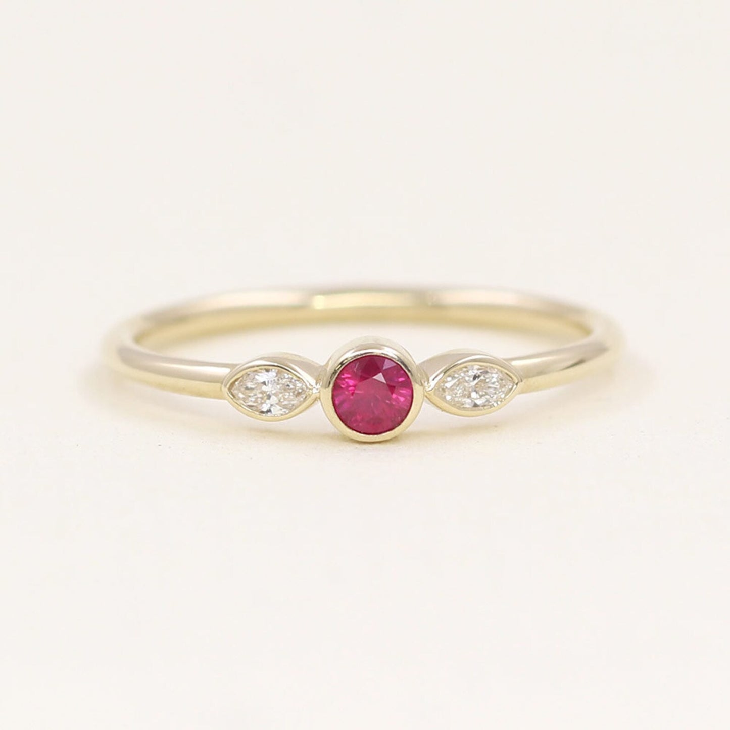 14K RUBY MARQUISE DIAMOND BEZEL RING