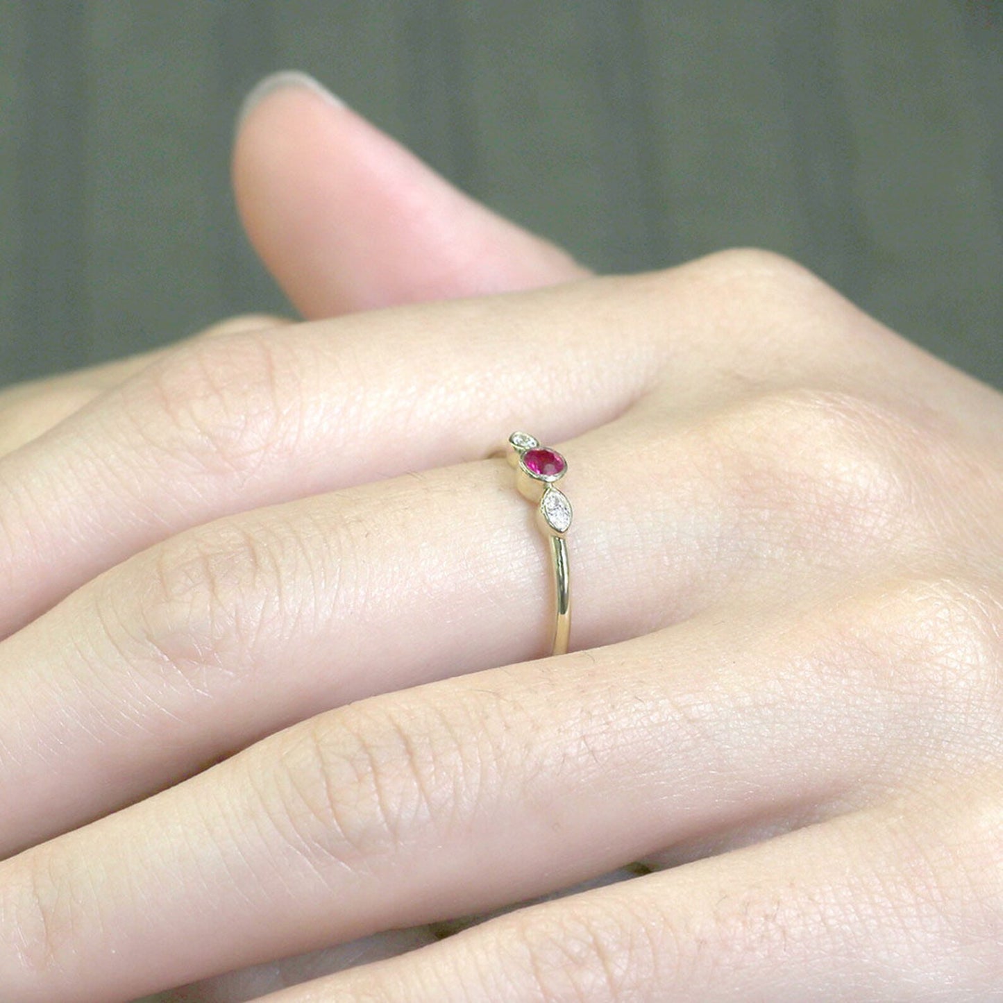 14K RUBY MARQUISE DIAMOND BEZEL RING