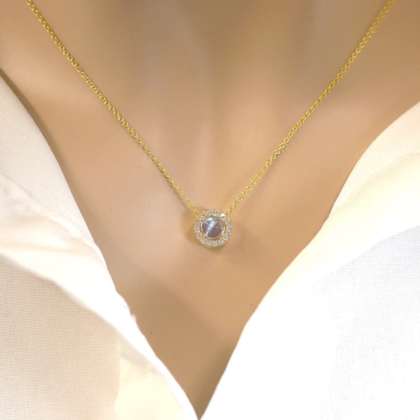 14K MOONSTONE DIAMOND HALO NECKLACE