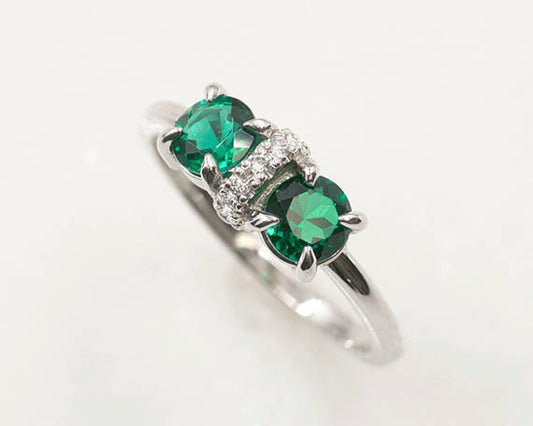 14K ROUND LAB EMERALD DIAMOND RING