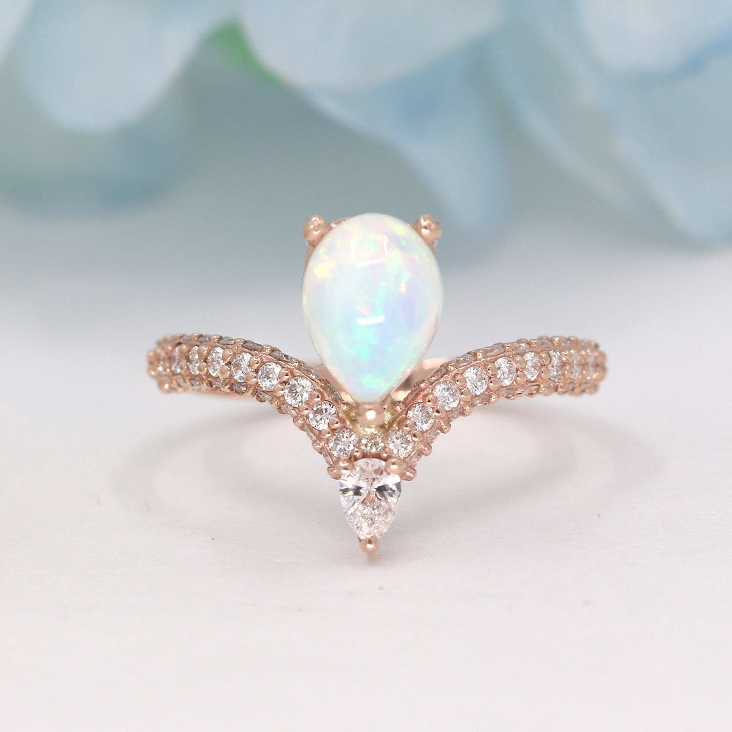 14K PEAR OPAL DIAMOND CHEVRON RING