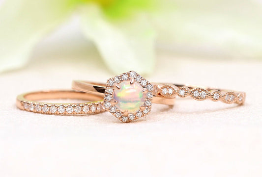 14K OPAL DIAMOND HALO HEXAGON RING ART DECO BAND 3 RING SET