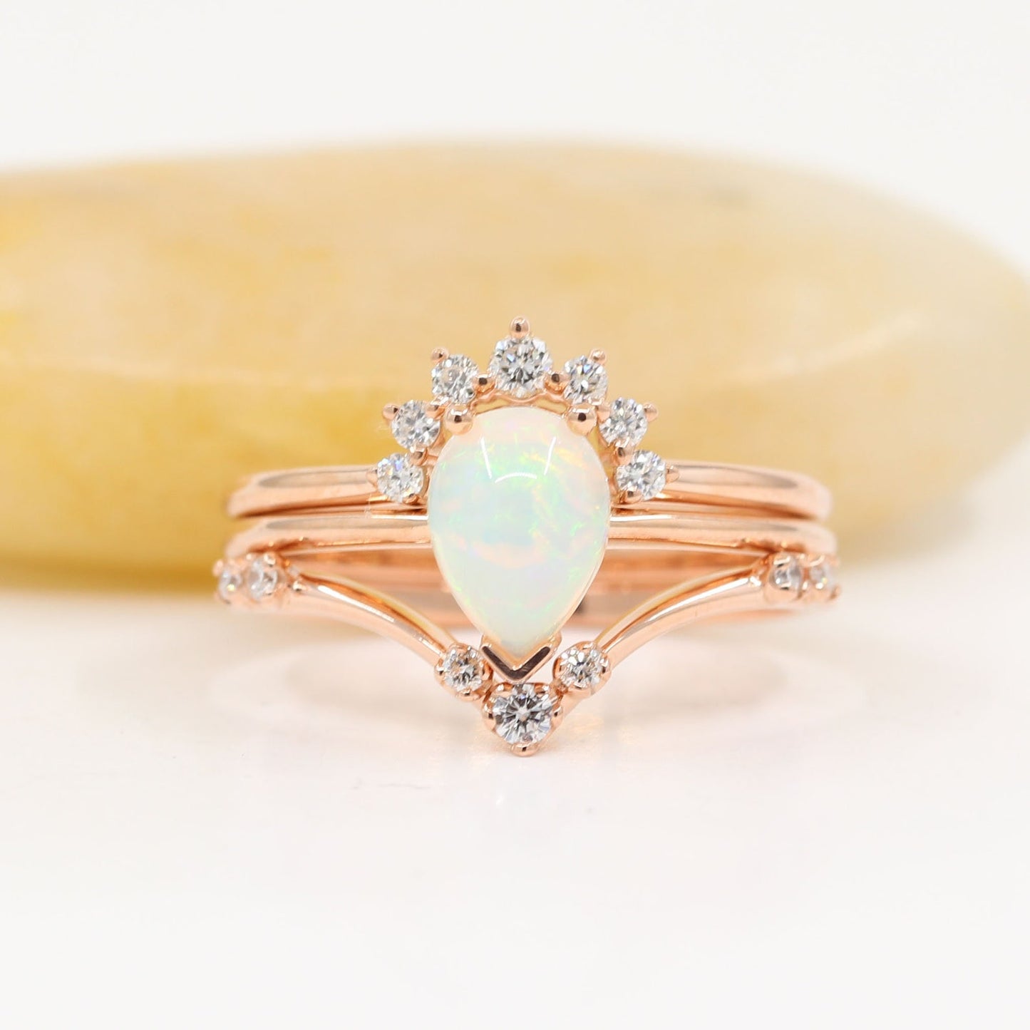 14K PEAR OPAL RING DIAMOND CROWN U BAND 3 RING SET