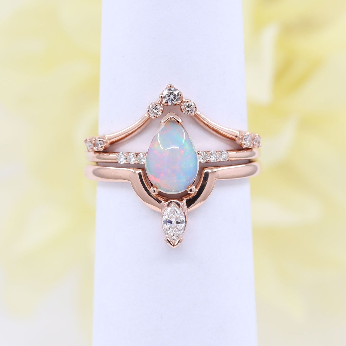 14K PEAR OPAL RING MARQUISE DIAMOND CROWN U BAND 3 RING SET