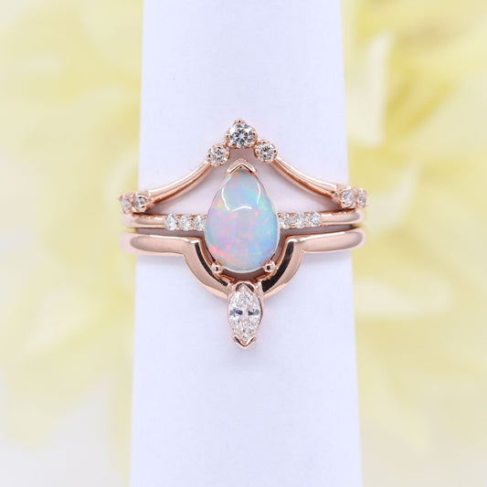 14K PEAR OPAL RING MARQUISE DIAMOND CROWN U BAND 3 RING SET