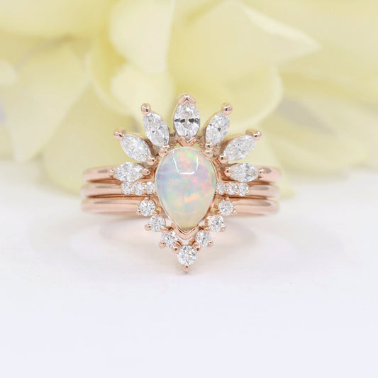 14K PEAR OPAL RING MARQUISE DIAMOND CROWN U BAND 3 RING SET