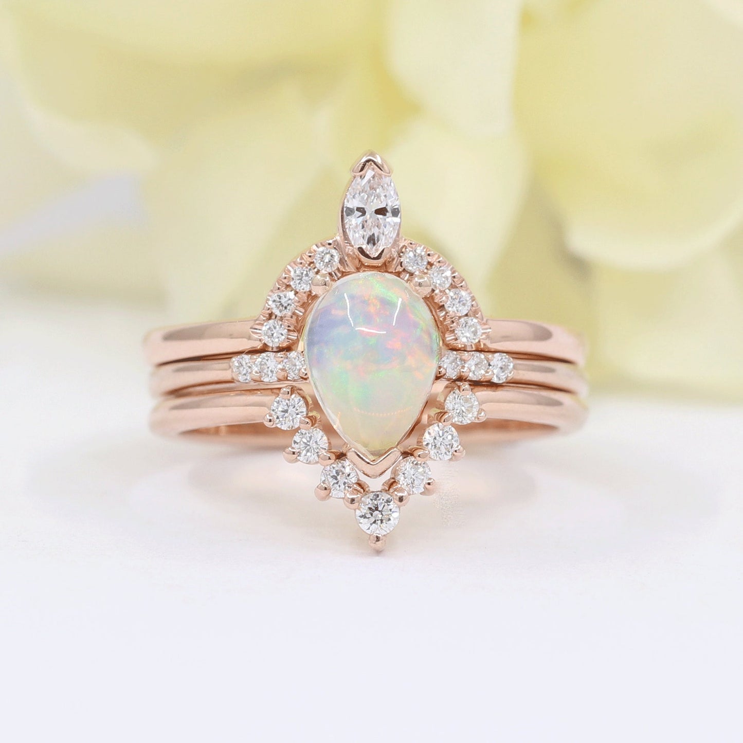 14K PEAR OPAL RING MARQUISE DIAMOND CROWN U BAND 3 RING SET