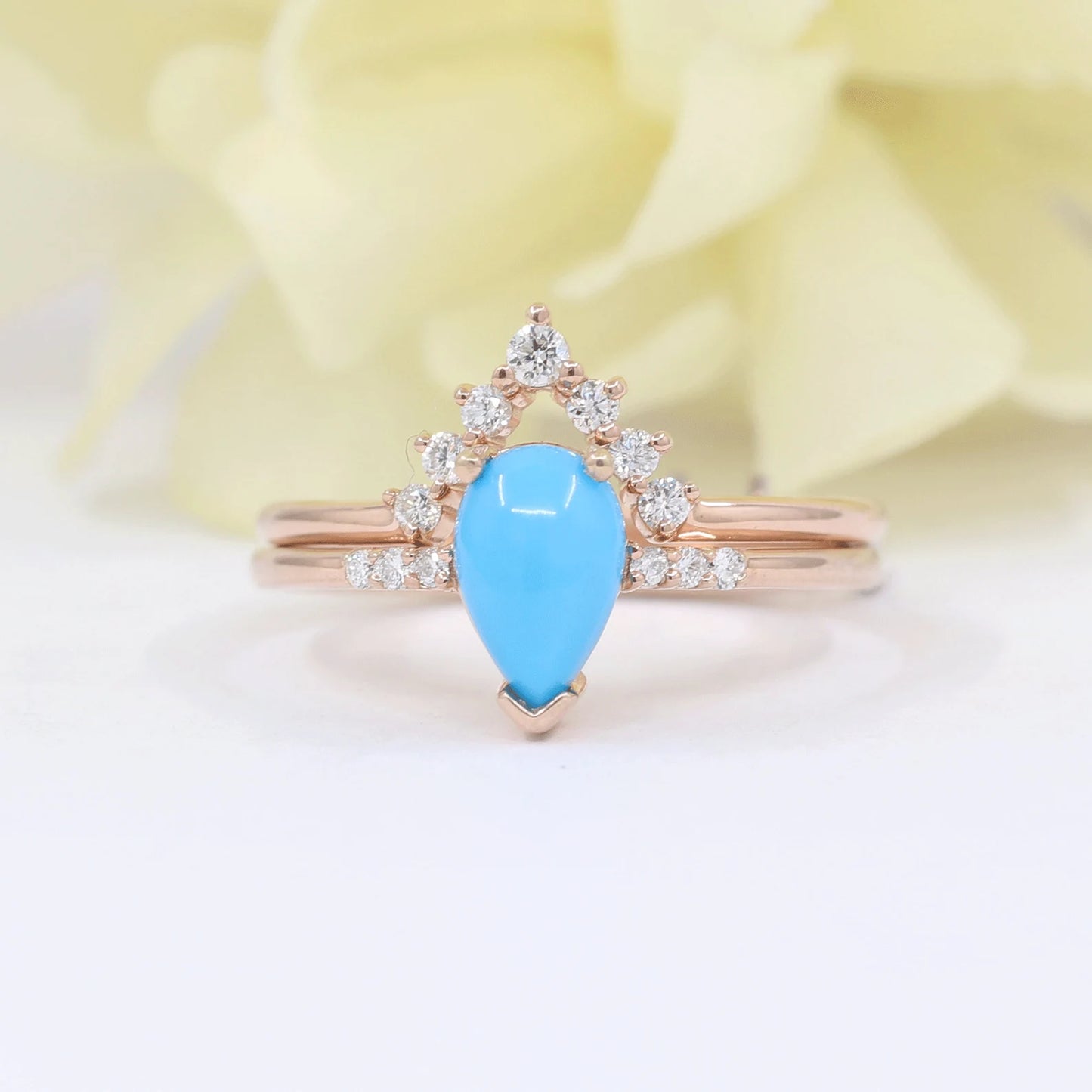 14K TURQUOISE RING DIAMOND V BAND 2 RING SET