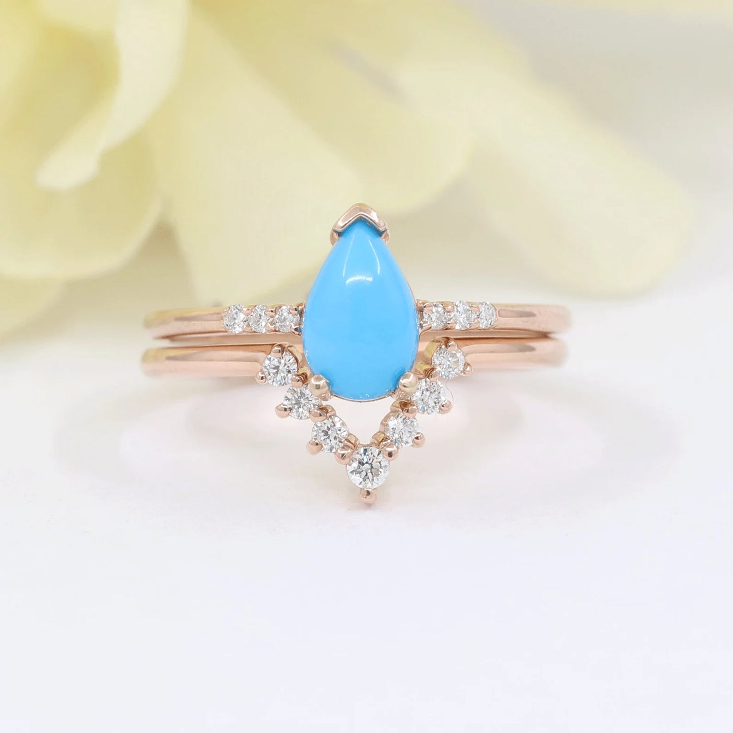 14K TURQUOISE RING DIAMOND V BAND 2 RING SET