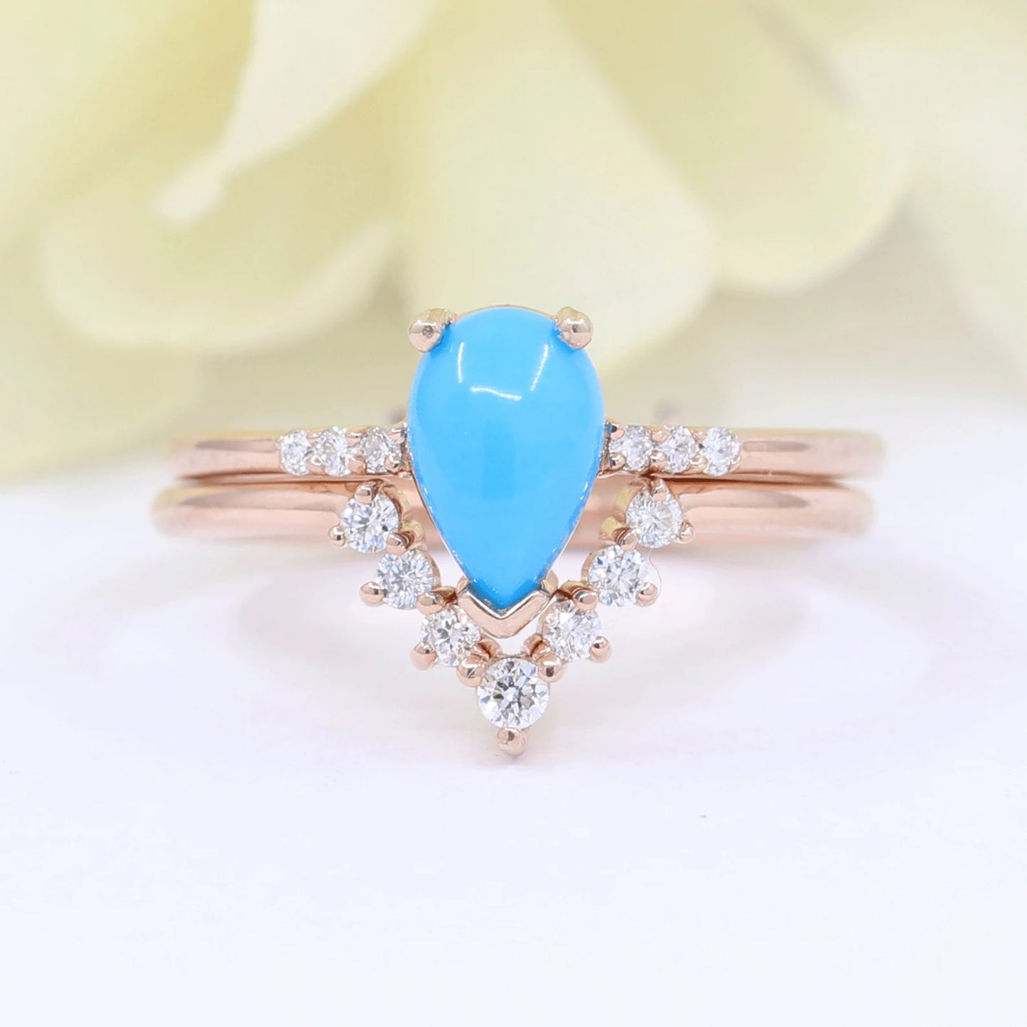 14K TURQUOISE RING DIAMOND V BAND 2 RING SET