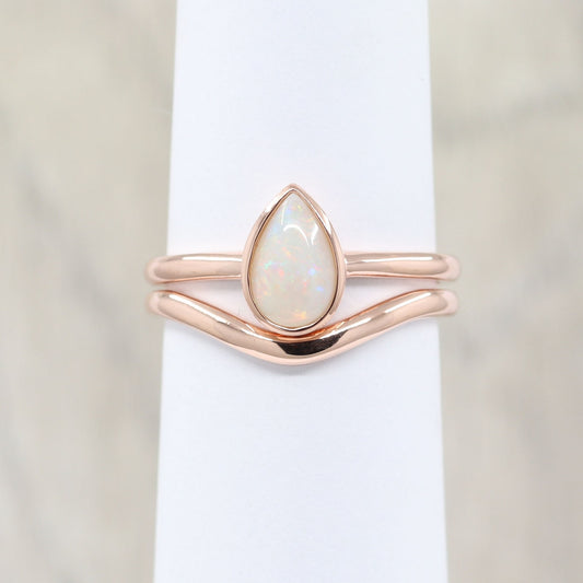 14K PEAR OPAL BEZEL RING PLAIN CURVE BAND 2 RING SET