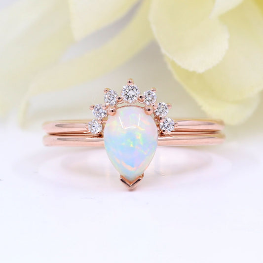 14K PEAR OPAL RING DIAMOND CROWN U BAND 2 RING SET