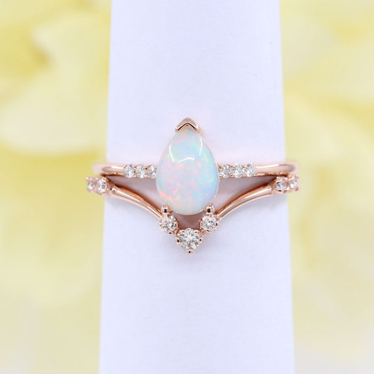 14K PEAR OPAL RING DIAMOND CHEVRON BAND 2 RING SET