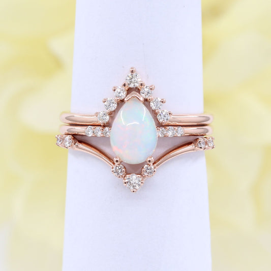 14K PEAR OPAL RING DIAMOND V BAND 3 RING SET