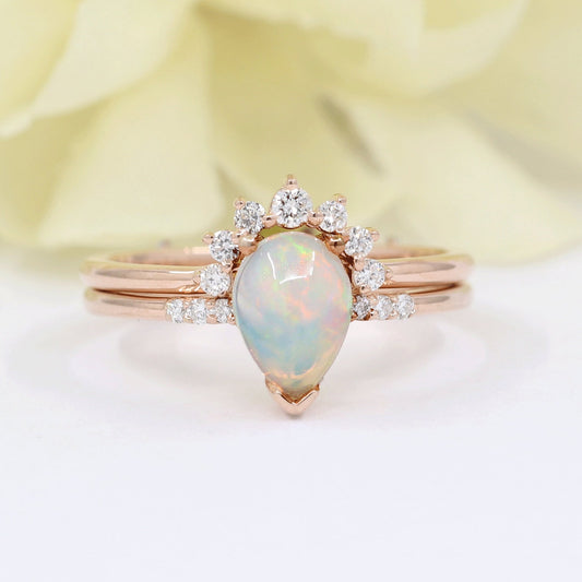 14K PEAR OPAL RING DIAMOND CROWN U BAND 2 RING SET