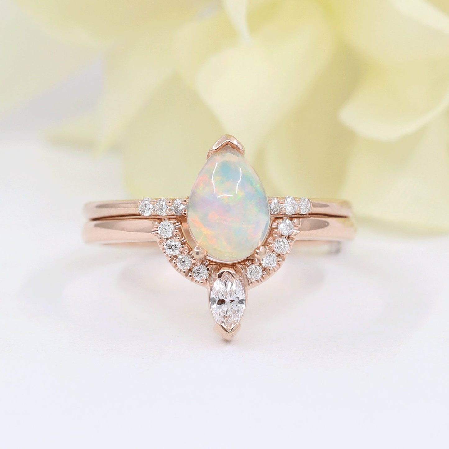 14K PEAR OPAL RING MARQUISE DIAMOND CROWN U BAND 2 RING SET